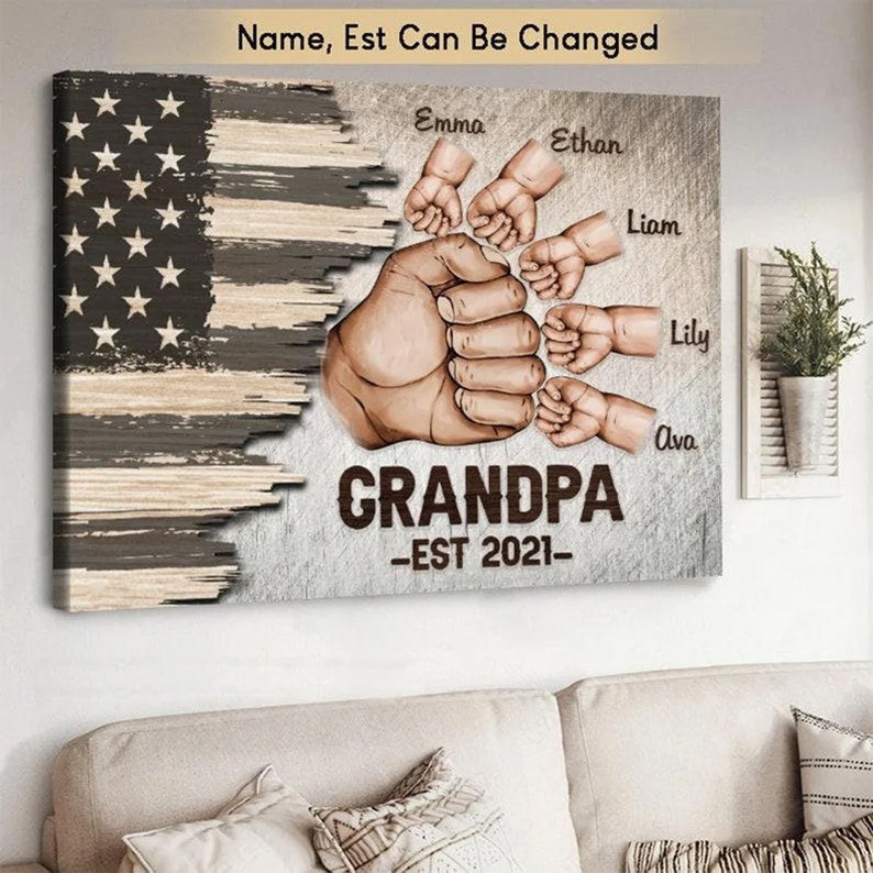 Personalized Grandpa Canvas Poster Grandpa Fist Bump With Grandkids Name Art Decor Fathers Day Canvas Gift For Grandpa